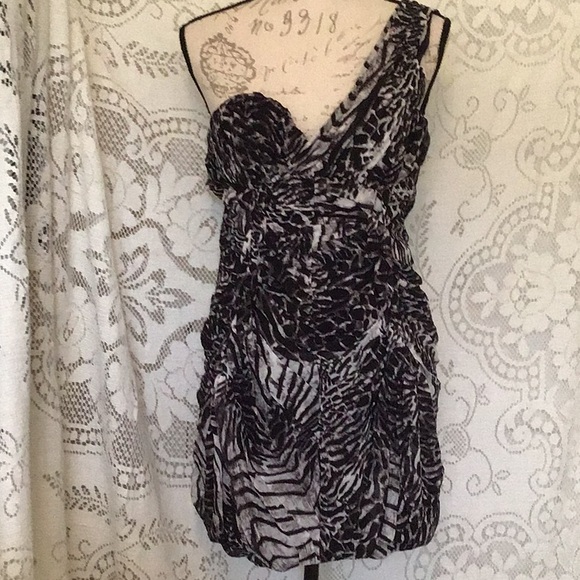 Ruched, Animal Print, One Shoulder Dress - Picture 1 of 6